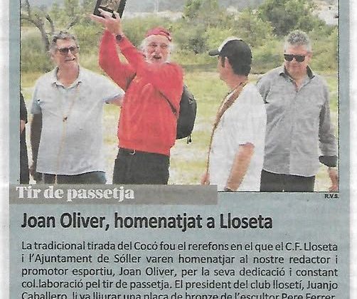 TIR DE PASSETJA:  Joan Oliver, homenatjat a Lloseta.