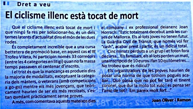 DRET A VEU: El ciclisme illenc està tocat de mort –  Publicat a «SA VEU», 19-05-2017.